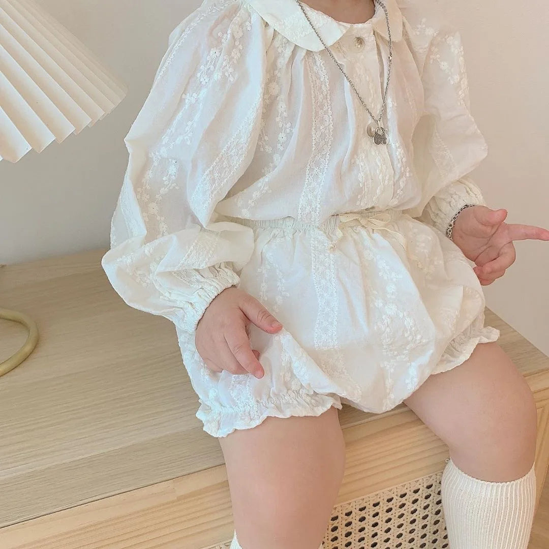 2024 Baby Clothing White Long Sleeve T Shirt Tops And Bloomer Shorts 2pcs Princess Girls Clothes Set Fashion Toddler Girls Sets