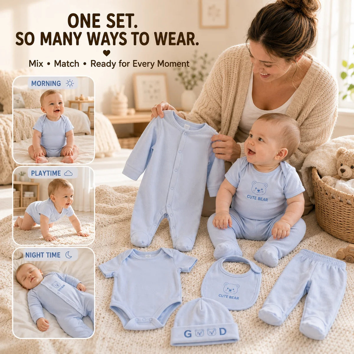 Newborn Baby Boy Clothes 6Pcs Set Infant Bodysuits Romper Pants Bib Hat Soft Baby Clothing Outfit Newborn Essentials 0-12M