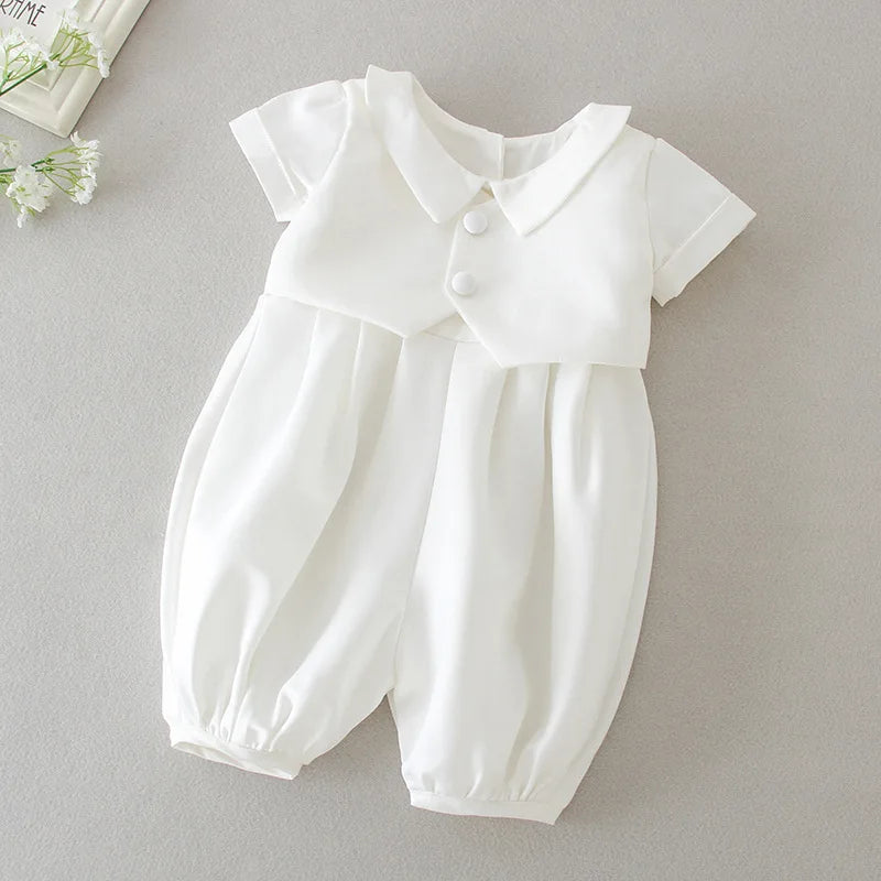 0-2 Years Baby Boys Christening Clothes Infant Toddler White Birthday Outfits with Hat 2pcs Baptism Clothing Set