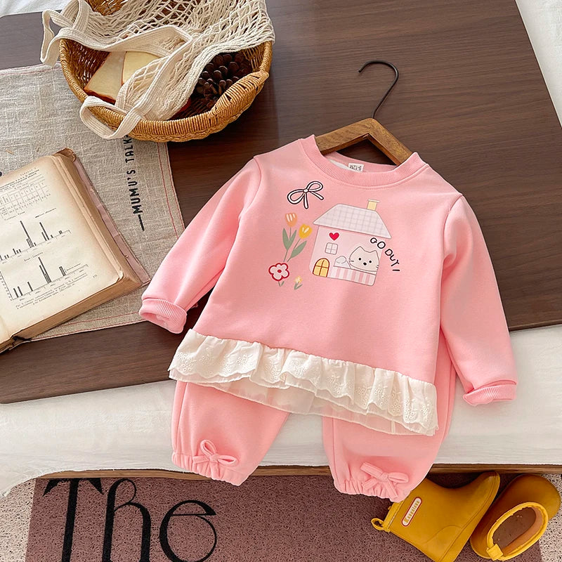 Baby Girls 2Pcs Clothing Set Autumn Winter Long Sleeve Cartoon Sweatshirt + Pants Toddler Kids Fleece Warm Tracksuit Outfit