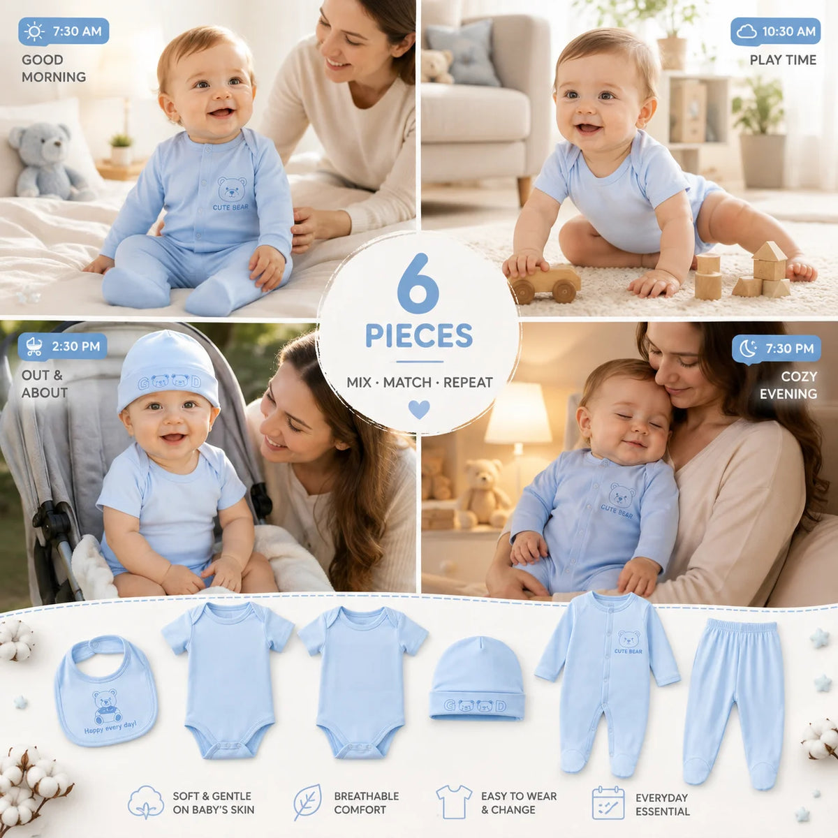 Newborn Baby Boy Clothes 6Pcs Set Infant Bodysuits Romper Pants Bib Hat Soft Baby Clothing Outfit Newborn Essentials 0-12M