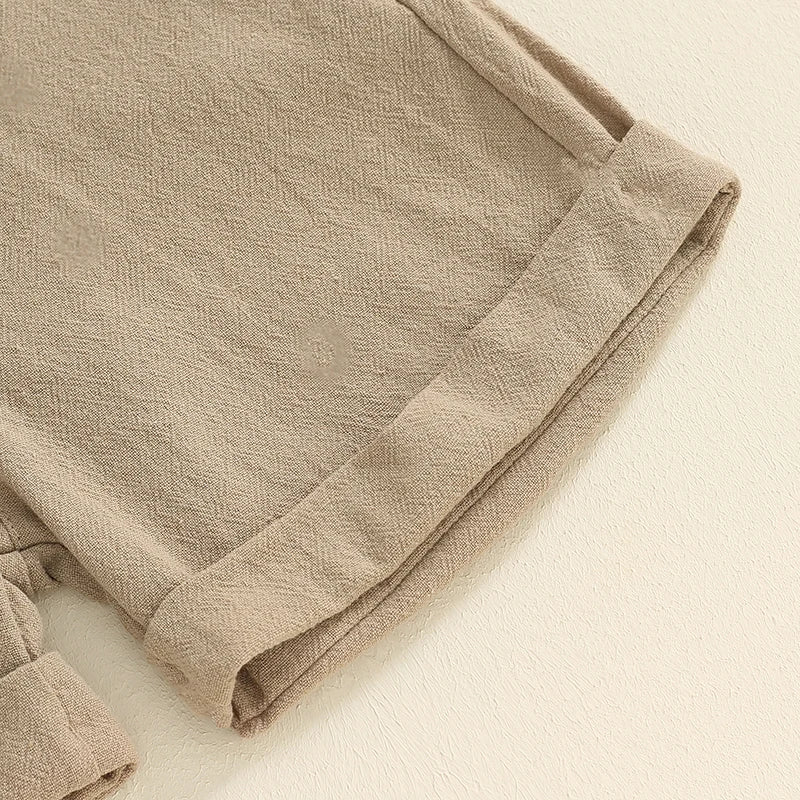Baby clothing Boys Solid Button Pocket Cotton Linen Bodysuits+Suspender Shorts Set Newborn Outfits 0-24M