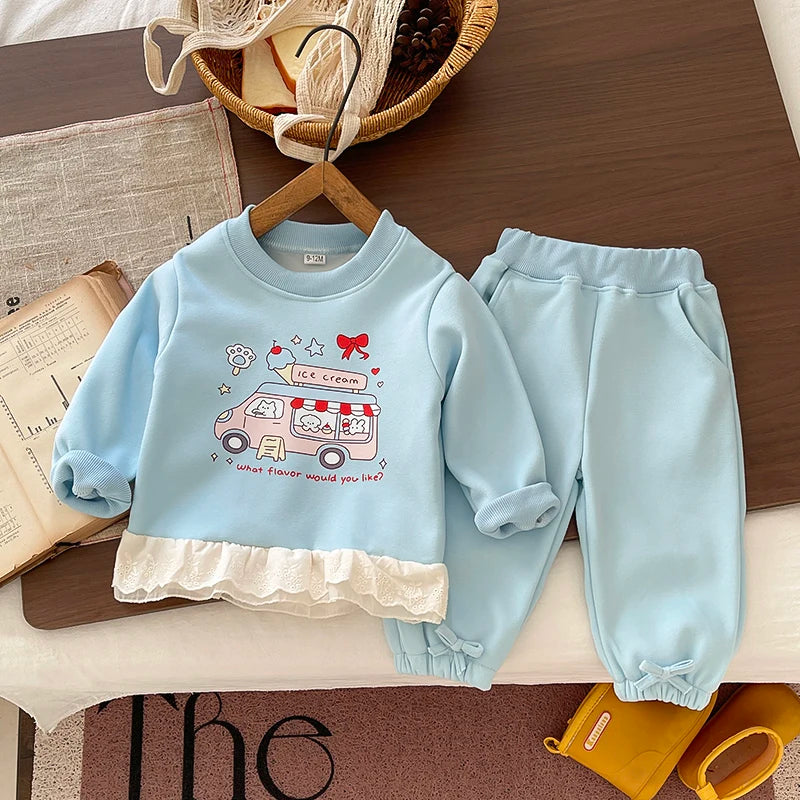 Baby Girls 2Pcs Clothing Set Autumn Winter Long Sleeve Cartoon Sweatshirt + Pants Toddler Kids Fleece Warm Tracksuit Outfit