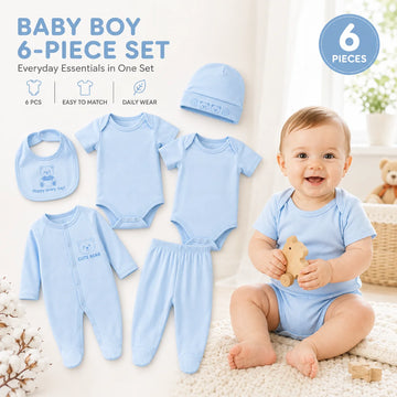 Newborn Baby Boy Clothes 6Pcs Set Infant Bodysuits Romper Pants Bib Hat Soft Baby Clothing Outfit Newborn Essentials 0-12M
