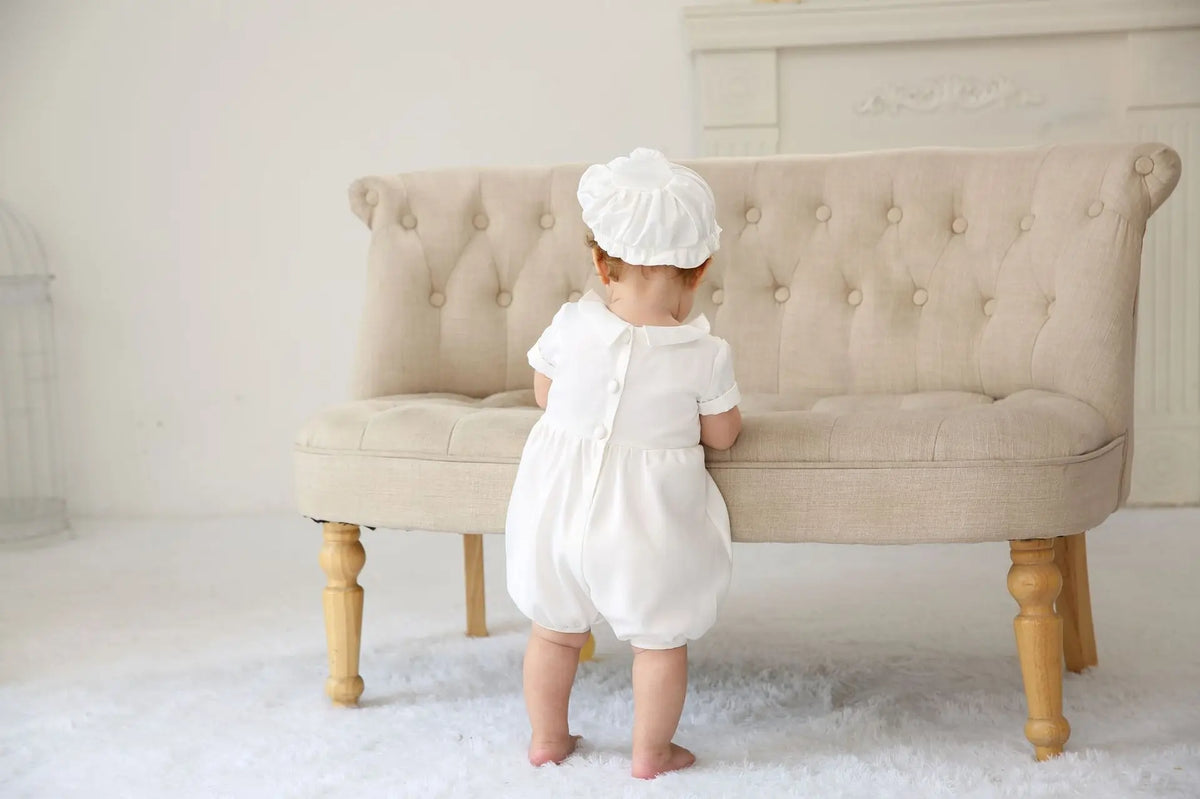 0-2 Years Baby Boys Christening Clothes Infant Toddler White Birthday Outfits with Hat 2pcs Baptism Clothing Set