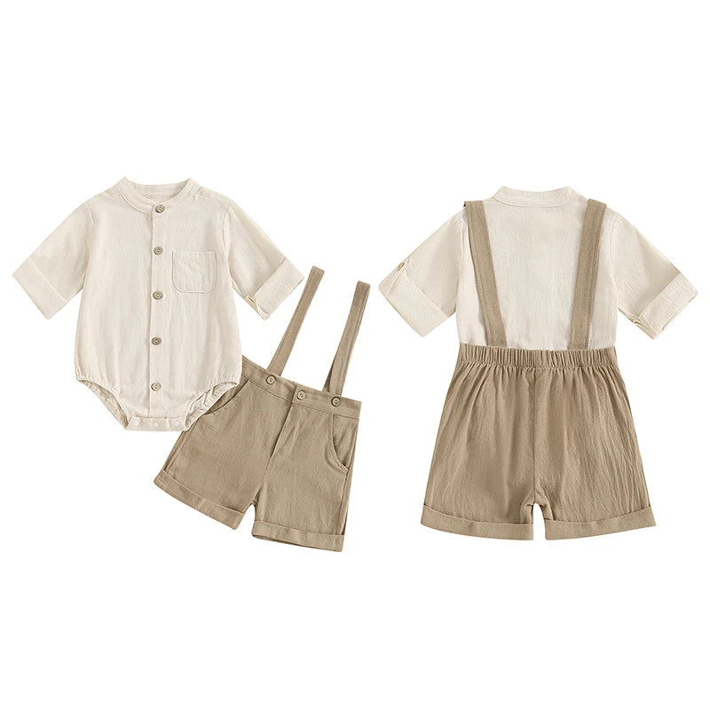 Baby clothing Boys Solid Button Pocket Cotton Linen Bodysuits+Suspender Shorts Set Newborn Outfits 0-24M