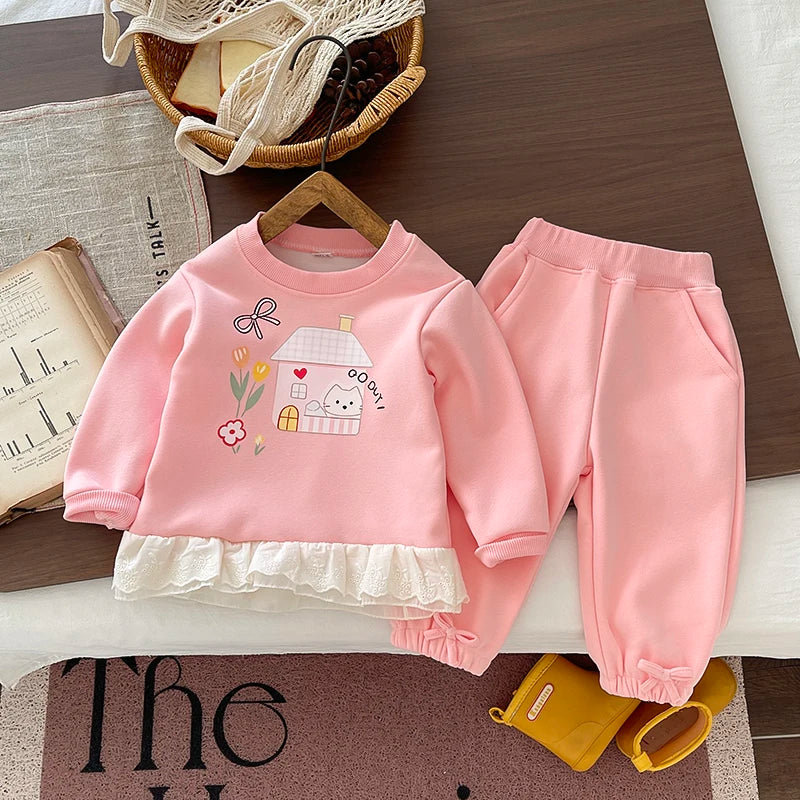 Baby Girls 2Pcs Clothing Set Autumn Winter Long Sleeve Cartoon Sweatshirt + Pants Toddler Kids Fleece Warm Tracksuit Outfit