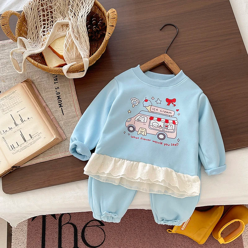 Baby Girls 2Pcs Clothing Set Autumn Winter Long Sleeve Cartoon Sweatshirt + Pants Toddler Kids Fleece Warm Tracksuit Outfit