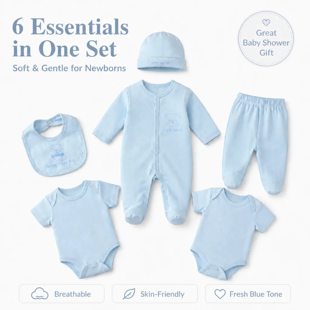 Newborn Baby Boy Clothes 6Pcs Set Infant Bodysuits Romper Pants Bib Hat Soft Baby Clothing Outfit Newborn Essentials 0-12M