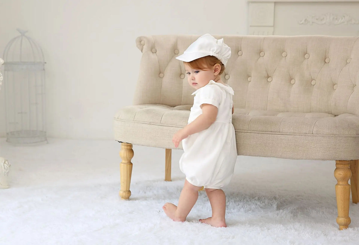 0-2 Years Baby Boys Christening Clothes Infant Toddler White Birthday Outfits with Hat 2pcs Baptism Clothing Set