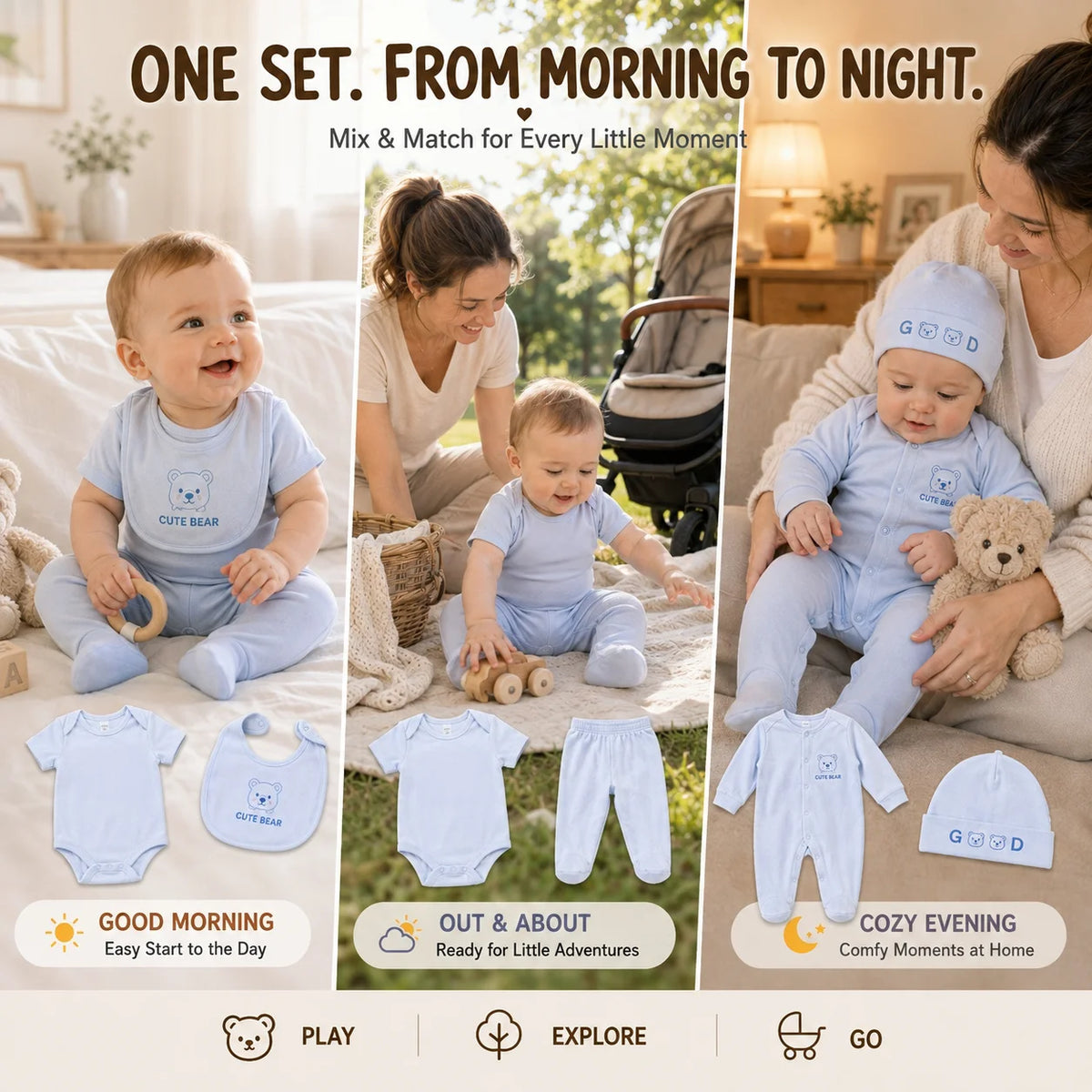 Newborn Baby Boy Clothes 6Pcs Set Infant Bodysuits Romper Pants Bib Hat Soft Baby Clothing Outfit Newborn Essentials 0-12M